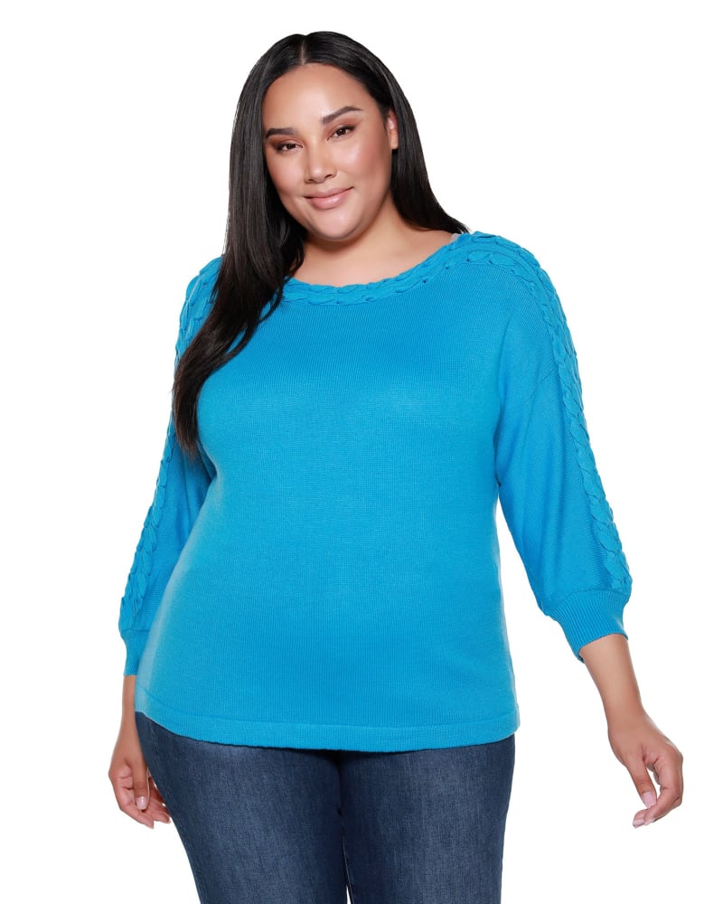 Front of a model wearing a size 1X Kehlani Boat Neck Sweater in Marina Blue by Belldini Black Label. | dia_product_style_image_id:285028